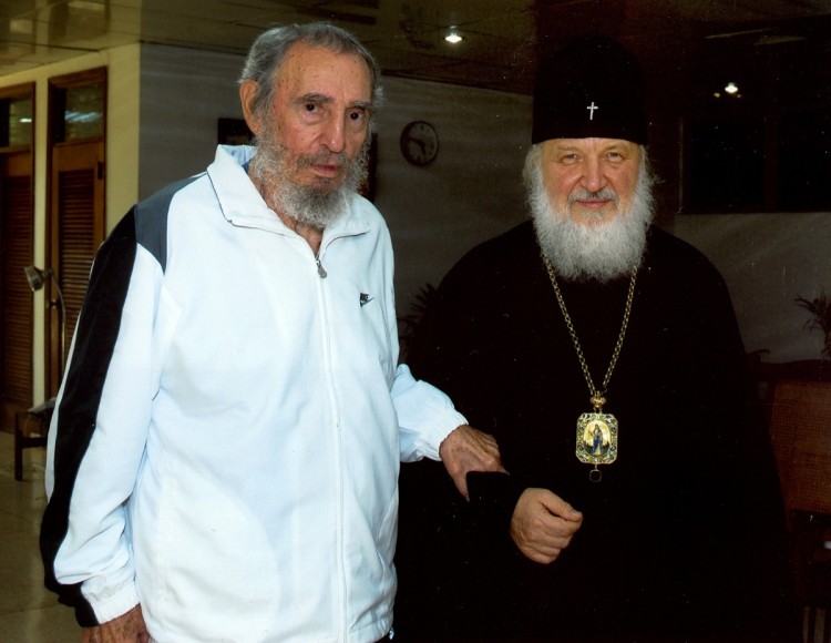 In this Oct. 20, 2008 photo made available on Nov. 13, 2008 by the Russian Orthodox Church, Cuba's former President Fidel Castro, left, stands with Russia's Metropolitan Kirill, of Smolensk and Kaliningrad, in Havana. Cuba's first Russian Orthodox cathedral was inaugurated on Oct. 19, 2008.  (AP Photo)